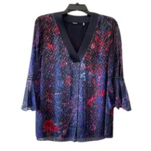 Elie Tahari Metallic Floral Navy Silk Blouse with Beaded Flutter Sleeves Sz S